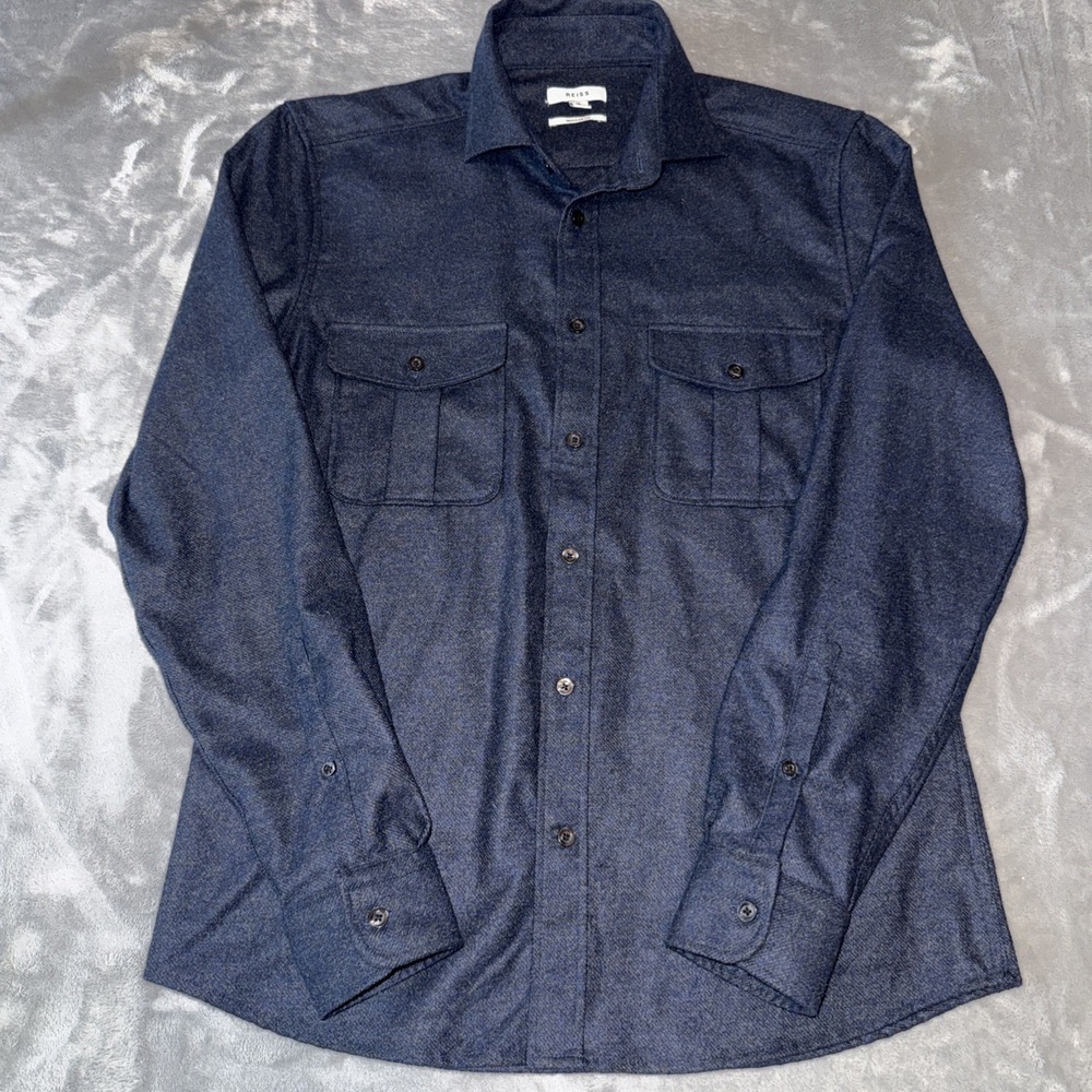 Reiss Regular Fit  Men's M Blue Flannel Button Down Shirt Quiet Luxury Minimal